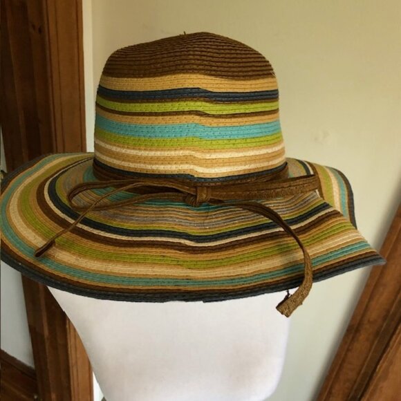 CYNTHIA ROWLEY Striped Straw Floppy Sun Hat Blue Brown Green One Size - Picture 5 of 16